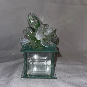 Art Glass Trinket Box Beveled With Hand Blown Bow / Flower Decoration On The Lid